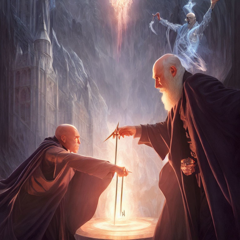 Fantasy art of two wizards with magic staves in mystical cavernous setting