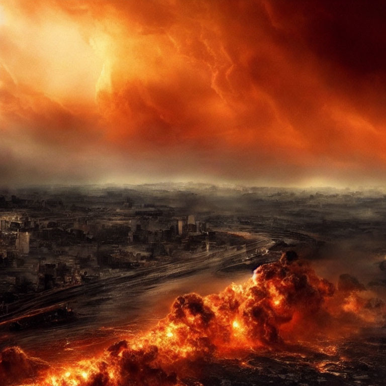 Apocalyptic cityscape with fiery explosions under orange-red sky