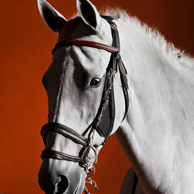 White Horse with Dark Bridle Against Orange Background