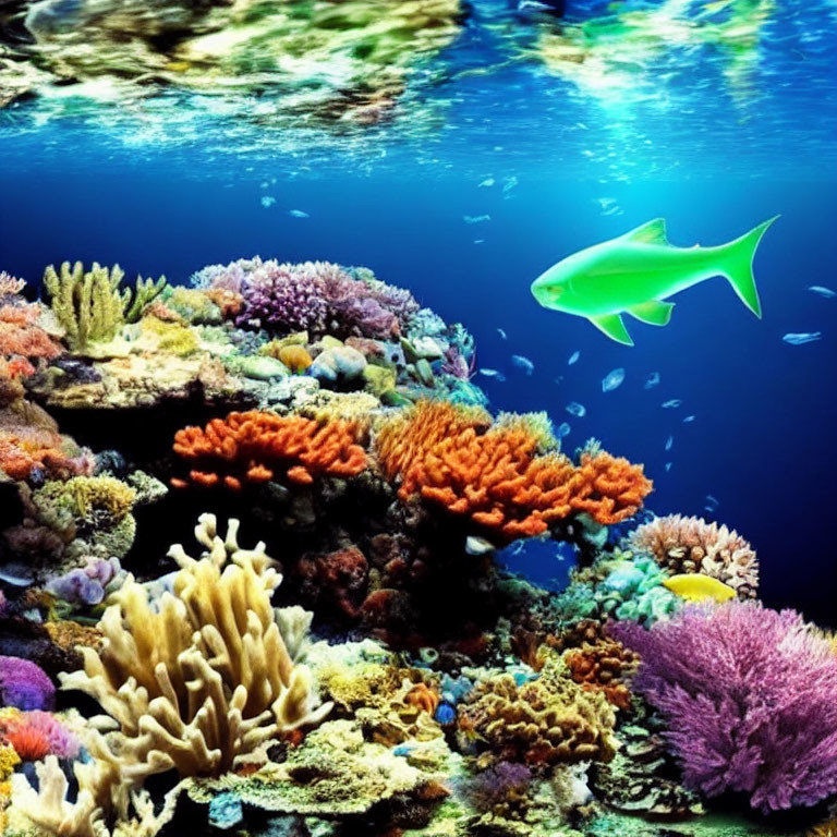 Colorful Coral Reef with Lone Fish in Sunlit Waters