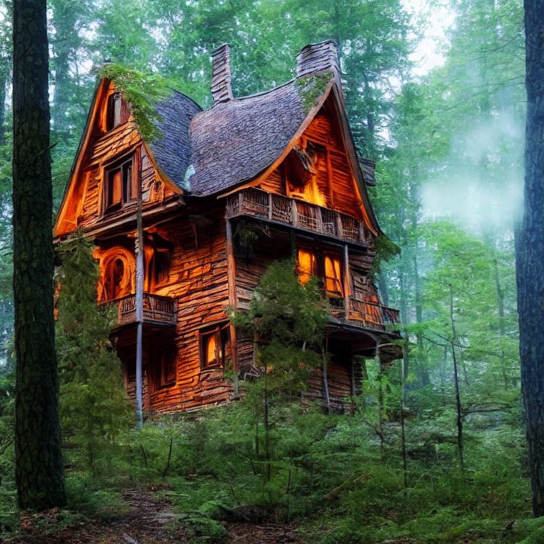 Intricately designed wooden treehouse in misty forest