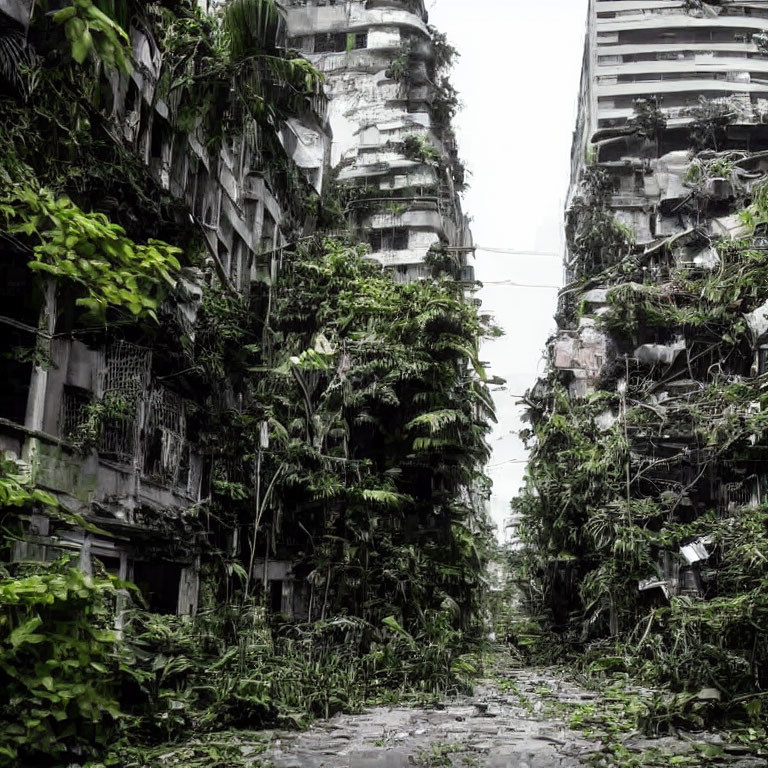 Overgrown urban street amid dilapidated high-rises