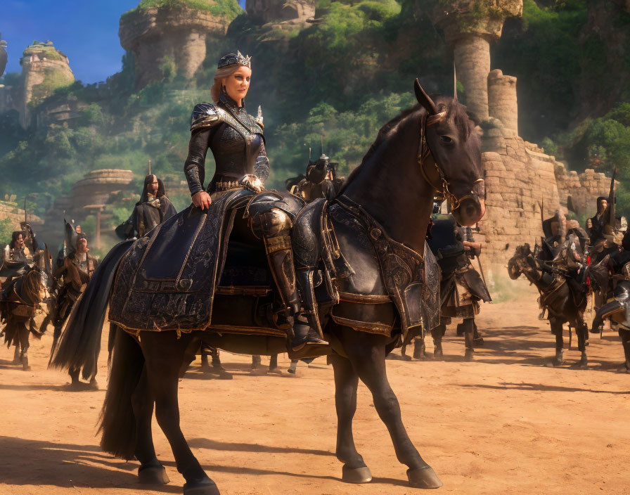 Queen in Black Armor Leading Knights in Sunlit Canyon