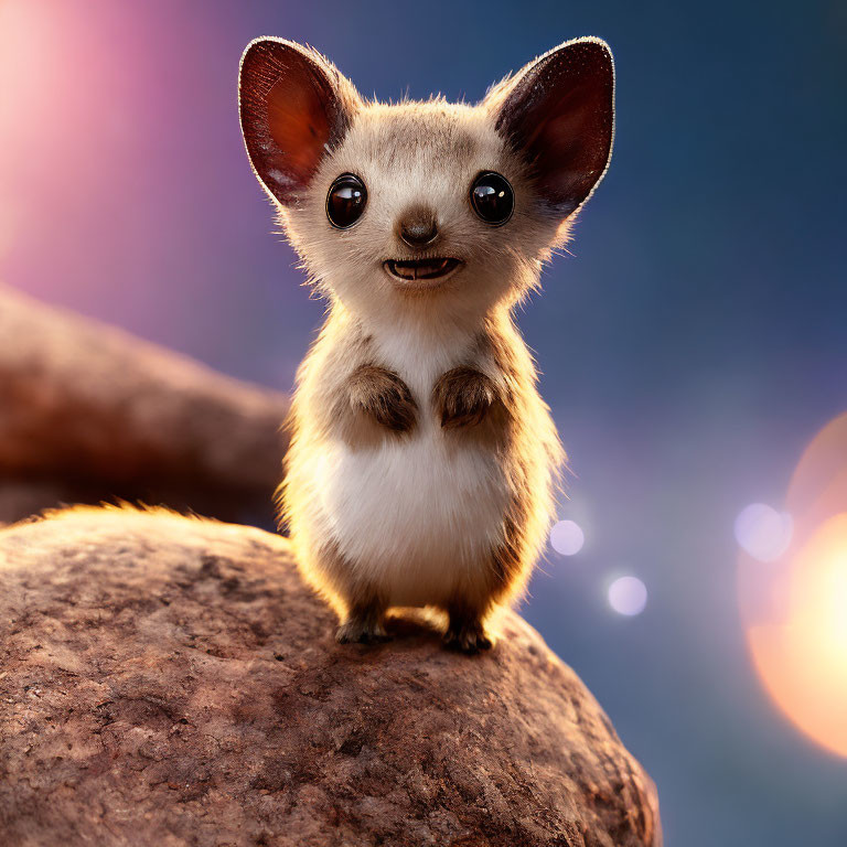Whimsical computer-generated creature with large ears and expressive eyes on rock in warm lighting