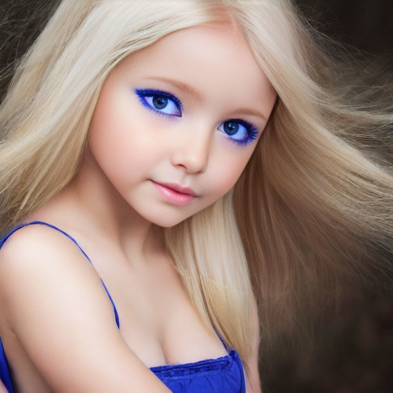Young girl with blue eyes and blonde hair in blue top portrait