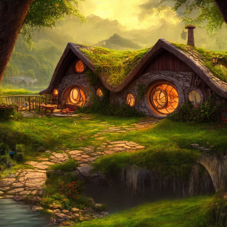 Round-door hobbit-style houses in lush greenery near serene stream