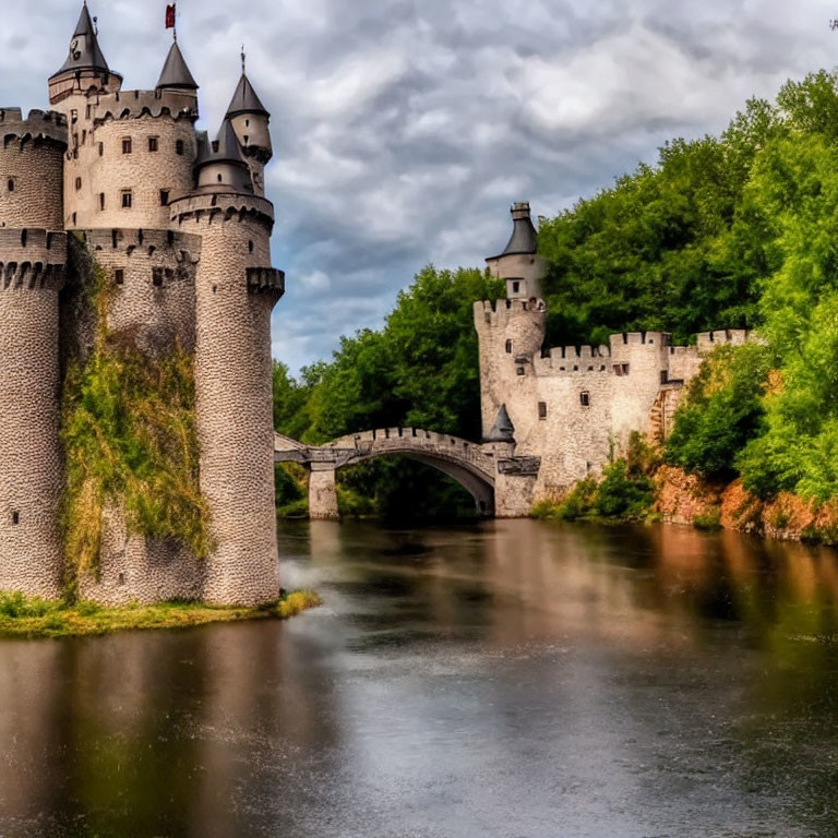 Majestic castle with towers near calm river and stone bridge