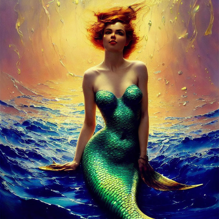 Vibrant mermaid illustration with green tail and red hair in water