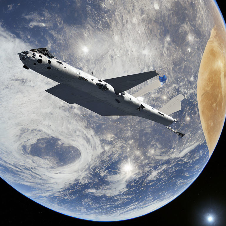 Spaceplane Orbiting Earth with Moon Background: Space Travel Exploration View