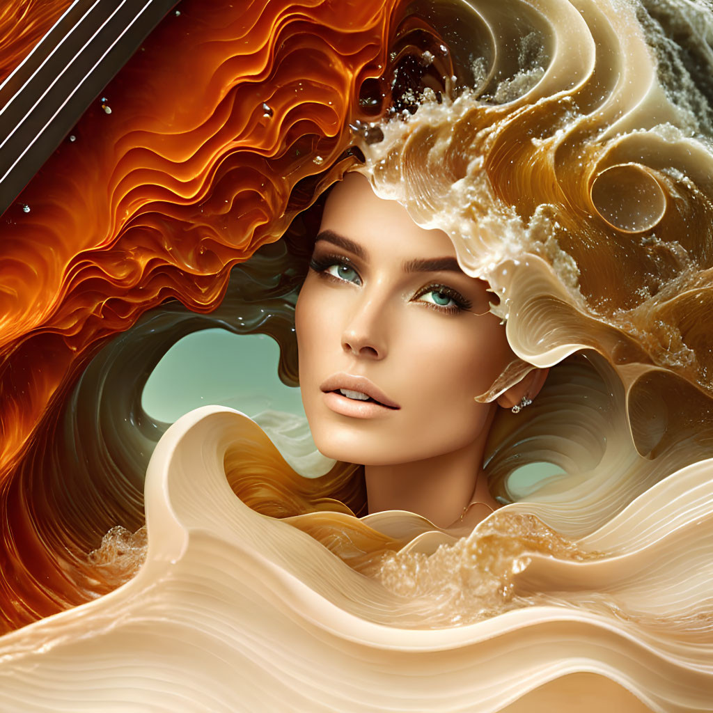 Surreal image of woman's face with flowing caramel and cream hair waves.