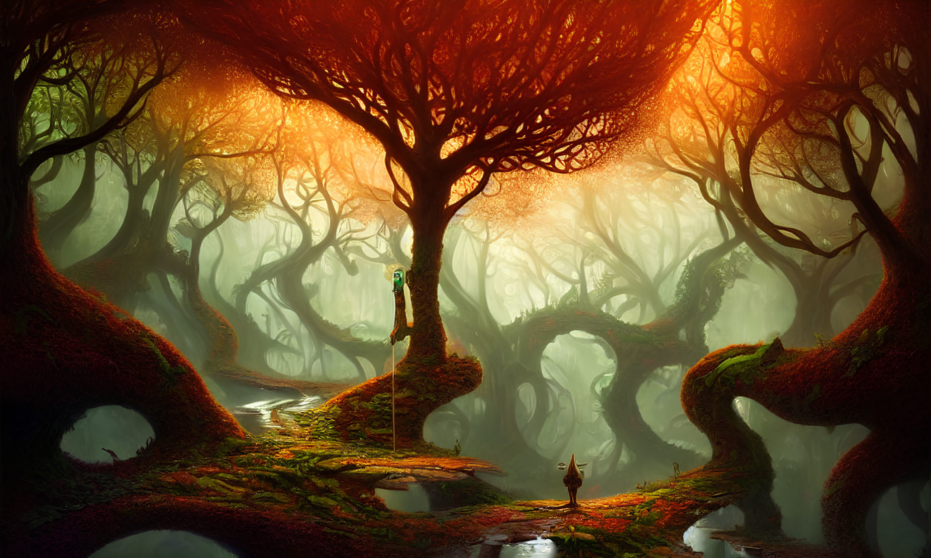 Ethereal forest scene with twisted trees, glowing light, cloaked figure, and fox