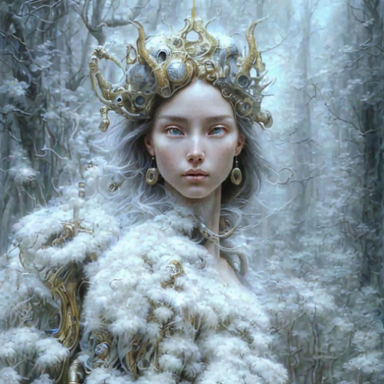 Mystical woman in snowy forest with golden crown and white fur cloak