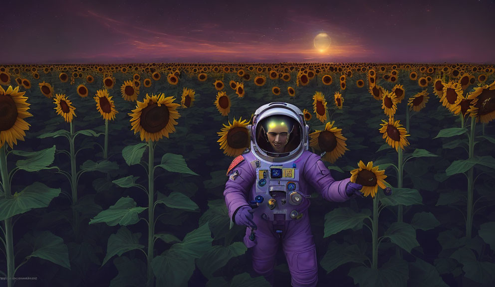 Astronaut in purple suit among sunflowers under twilight sky