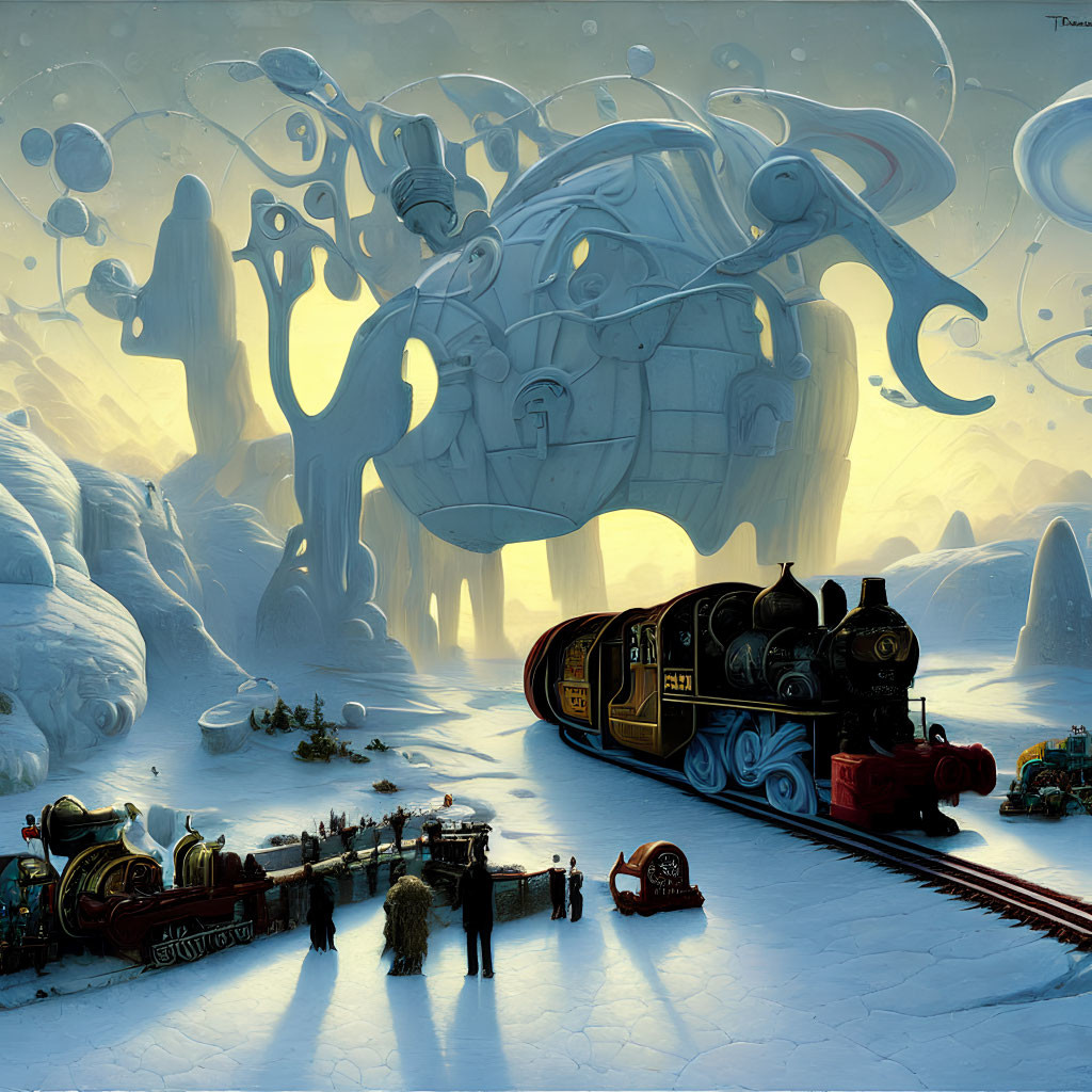 Steam train in snowy alien landscape with rock formations and tentacle-like structure
