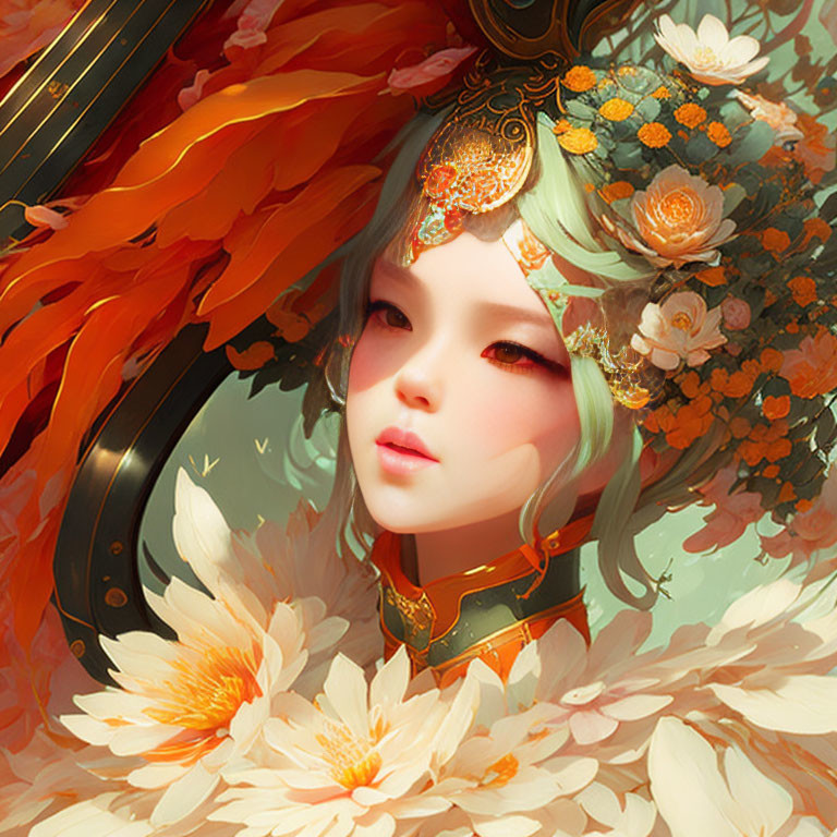 Female digital artwork with orange floral adornments and green accents among light-colored blooms