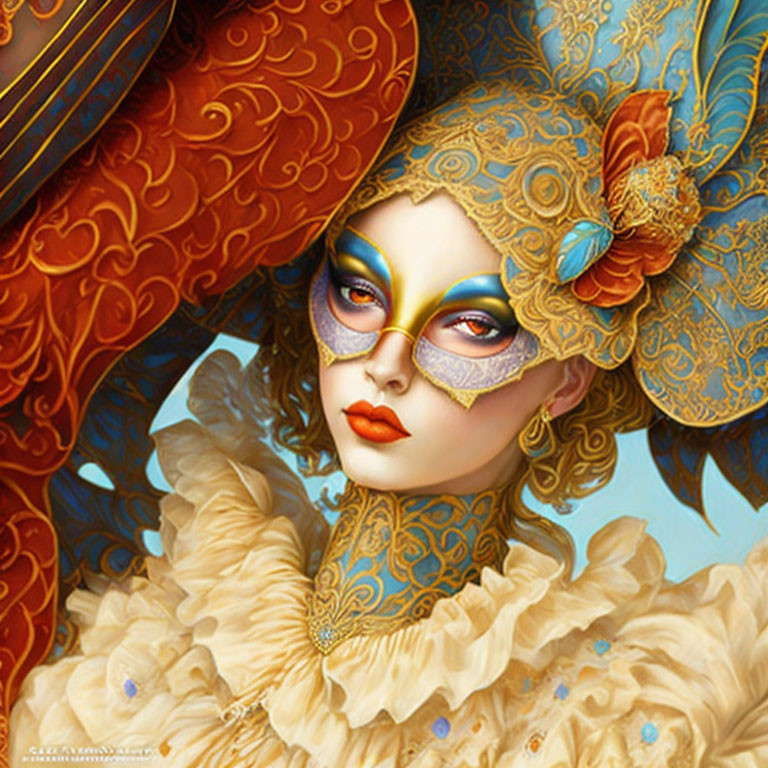 Elaborate Venetian mask painting with golden details and ruffled collar