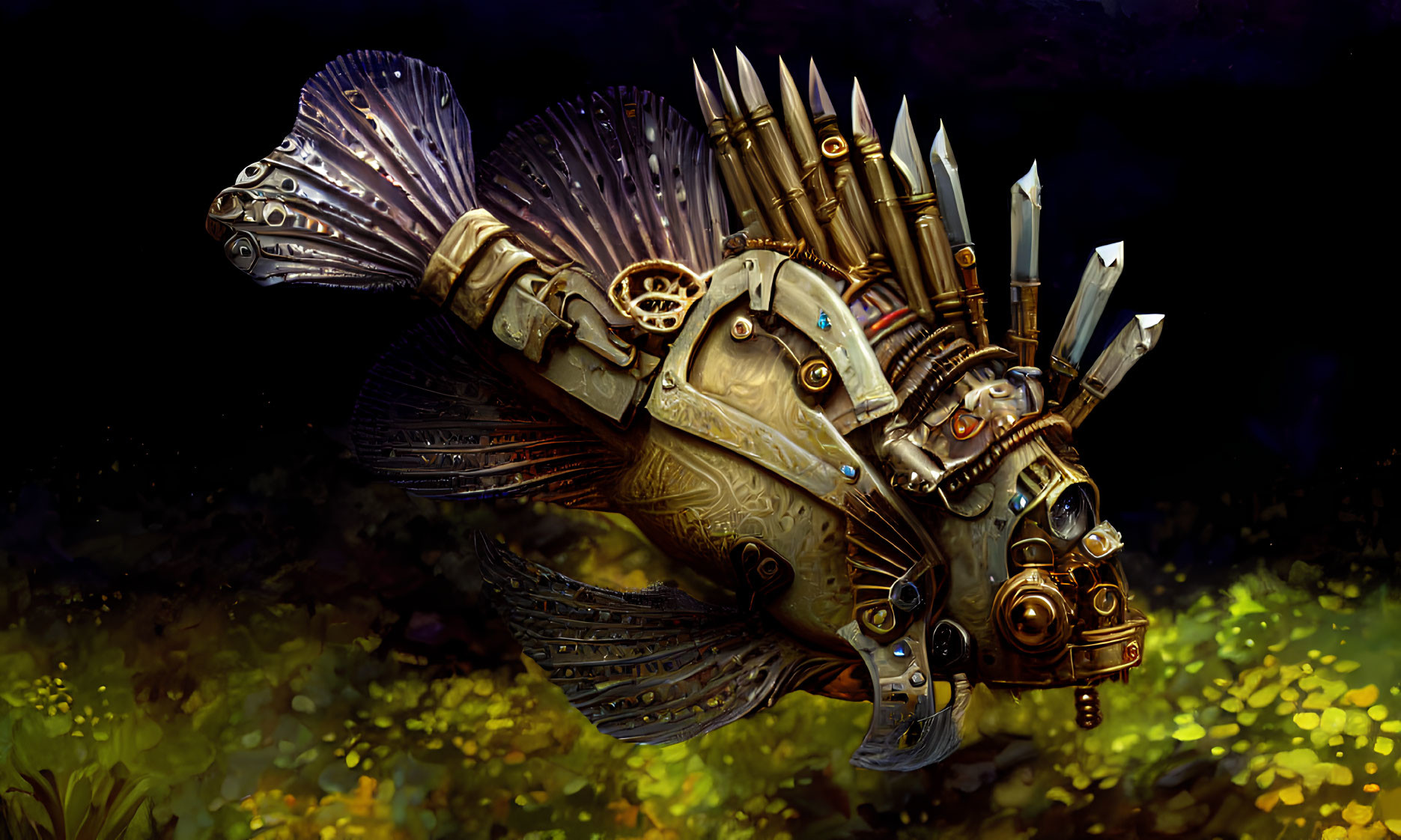 Steampunk-inspired mechanical fish with intricate gears on dark aquatic backdrop