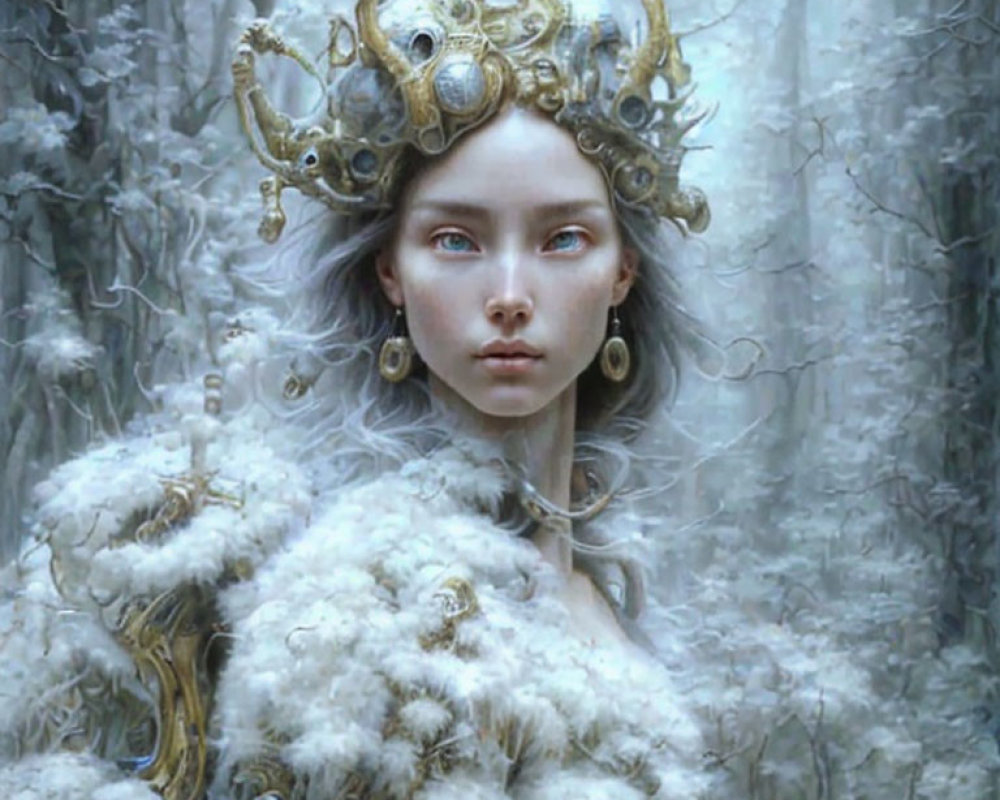 Mystical woman in snowy forest with golden crown and white fur cloak