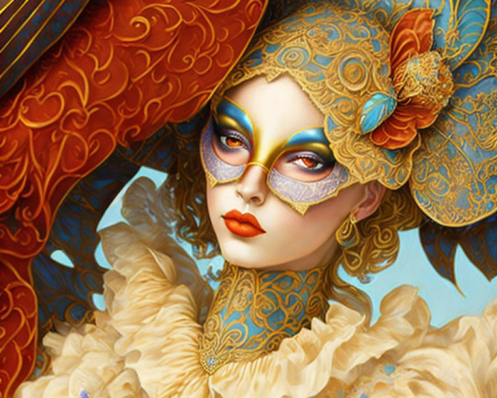 Elaborate Venetian mask painting with golden details and ruffled collar