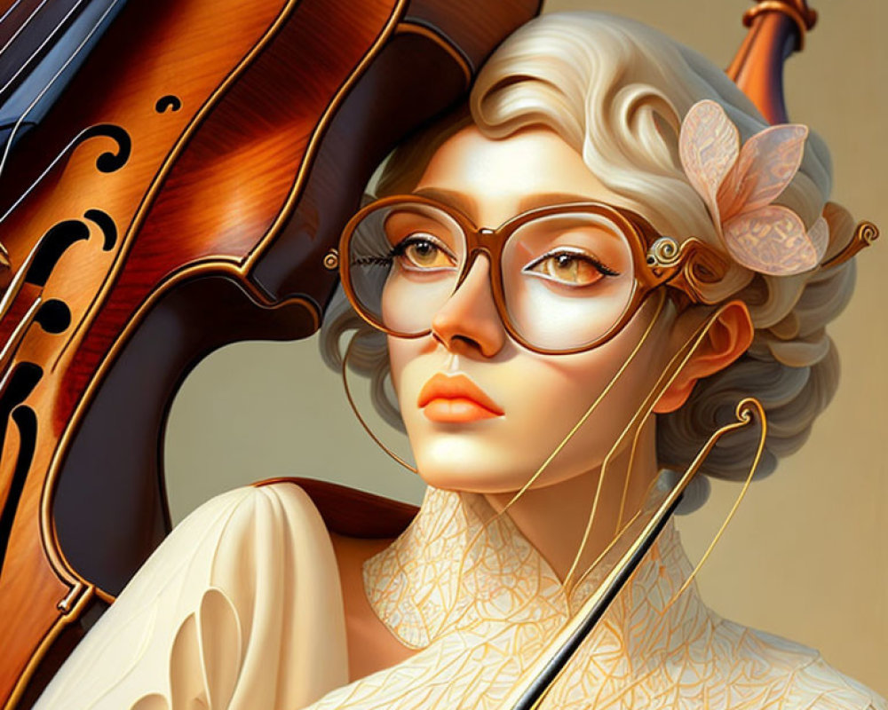 Illustration of woman with glasses holding violin in warm tones