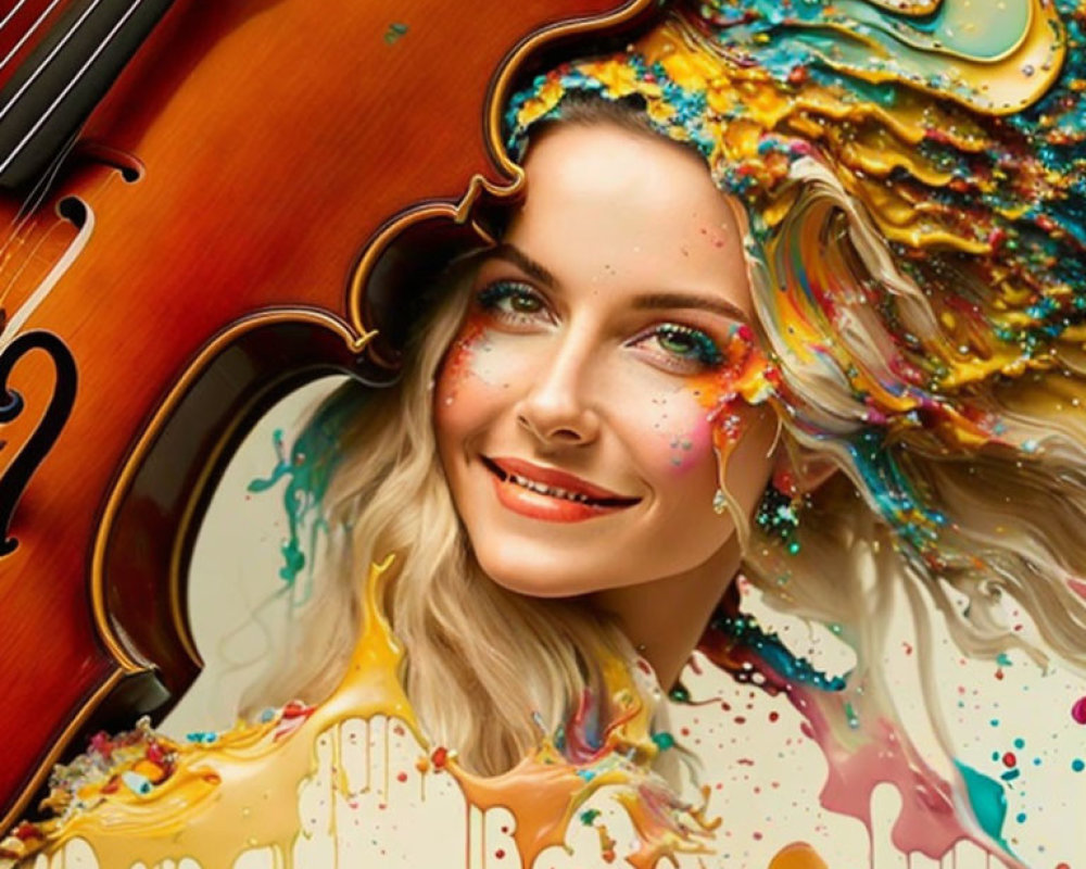 Smiling woman's face merges with violin and colorful paint swirls