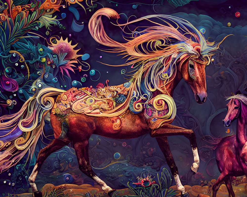 Colorful digital artwork featuring stylized horses in a fantastical setting