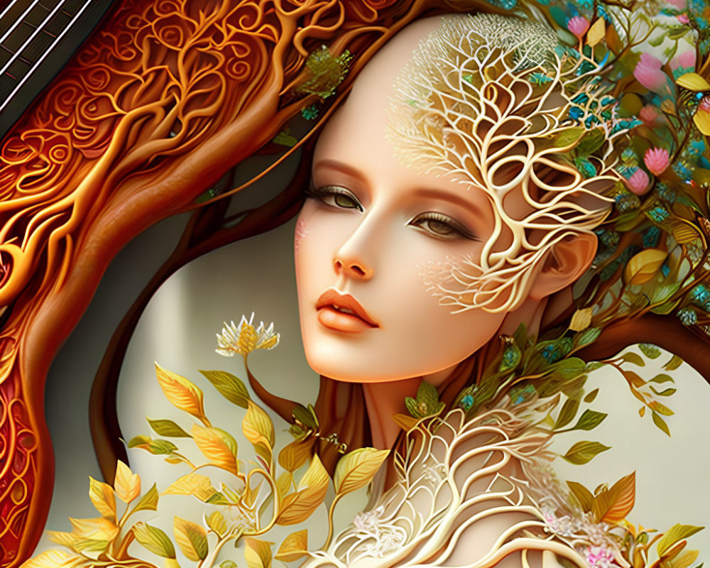 Woman's face blended with tree elements: intricate branches, vibrant flowers, and leaves integrated.