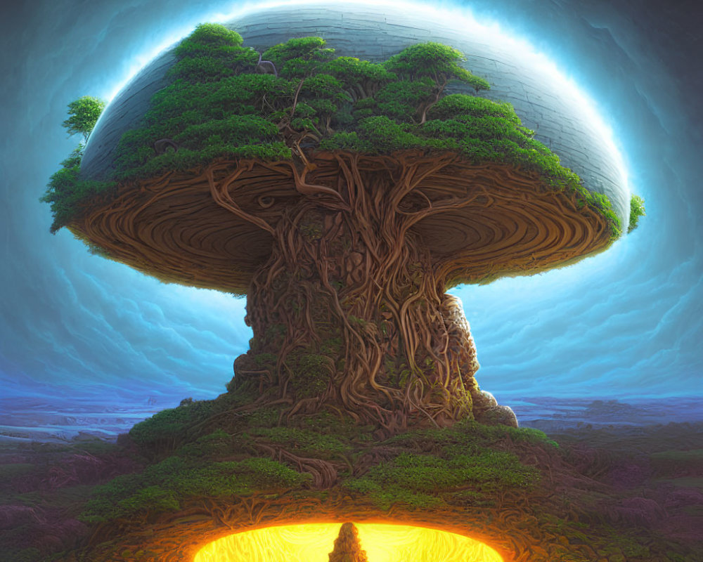 Gigantic tree with mushroom canopy and lava halo landscape.