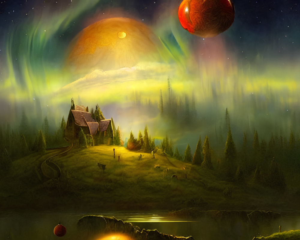 Fantastical landscape with aurora sky, moons, lake, house, celestial reflections
