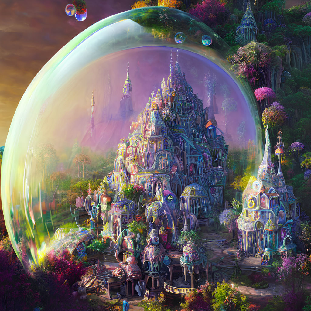 Vibrant cityscape in giant bubble with lush surroundings
