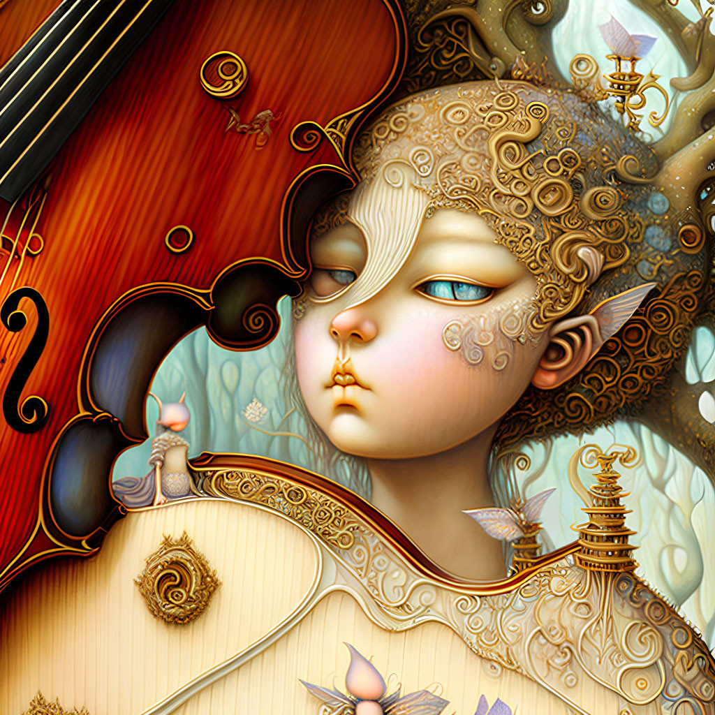 Surreal digital artwork: character with gold patterns, blue eyes, violin, cities, butterfly