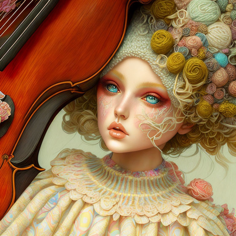 Person with stylized features holding a cello in front of intricate facial patterns