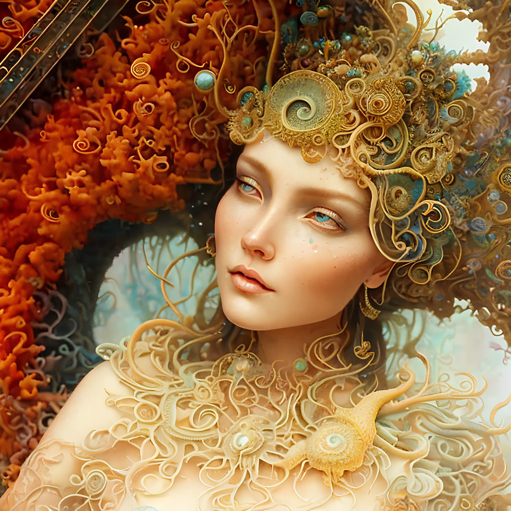 Digital Artwork: Woman with Golden Headdress and Sea Motifs