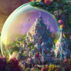 Vibrant cityscape in giant bubble with lush surroundings