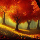 Autumn forest scene with golden sunlight and warm glows