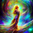Vibrant image of woman with golden hair in cosmic landscape