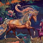 Colorful digital artwork featuring stylized horses in a fantastical setting