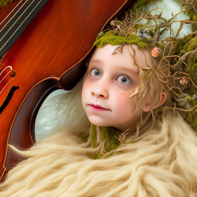 Child with Blue Eyes Wearing Moss Crown and Fur, Leaning on Violin