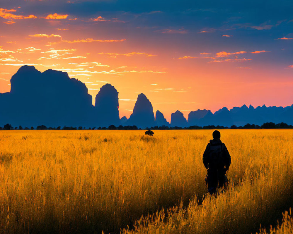 Person in Golden Field at Sunset with Mountain Silhouettes