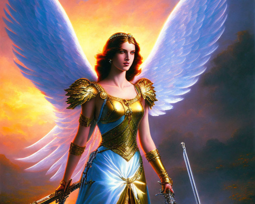 Ethereal figure with angelic wings in golden armor and blue robe against dramatic sky.