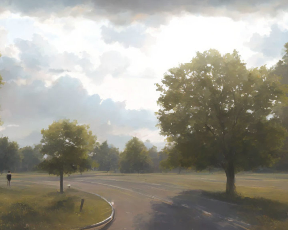 Tranquil landscape painting of sunlit pathway with walking figure