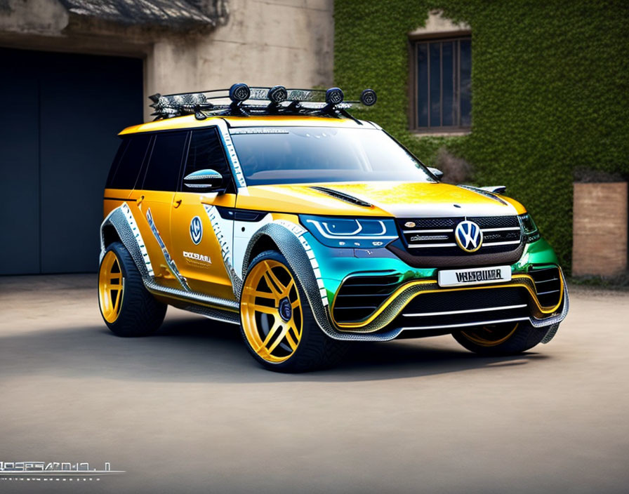 Two-tone Yellow and Blue Volkswagen SUV with Roof Rack and Custom Wheels
