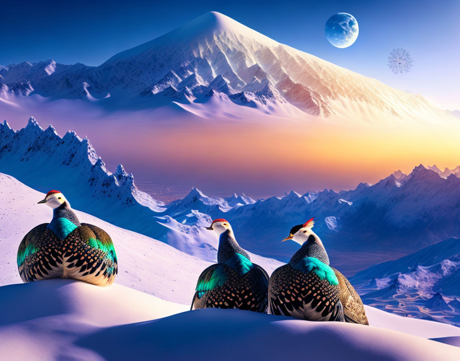 Snowy Hill Landscape with Three Birds and Majestic Mountains