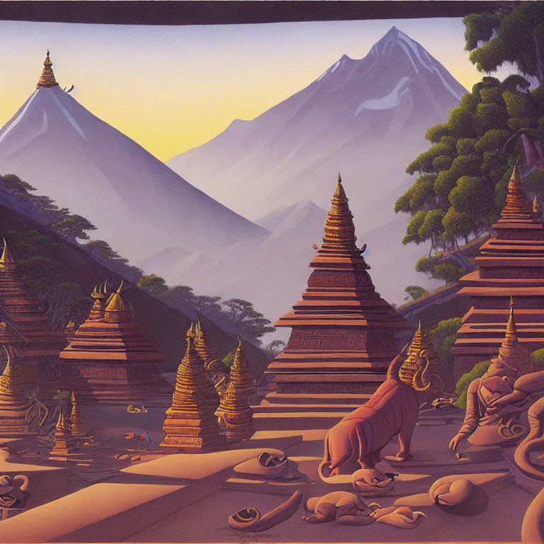 Traditional Pagodas with Golden Spires Surrounded by Lush Greenery and Mountains at Sunrise or