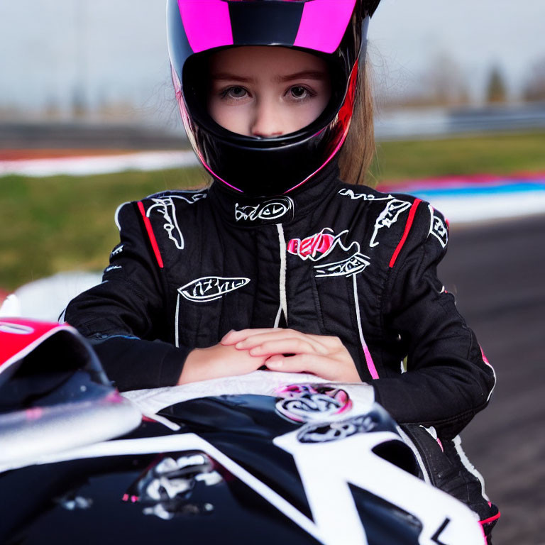 Young girl in pink racing suit and helmet with go-kart on racetrack