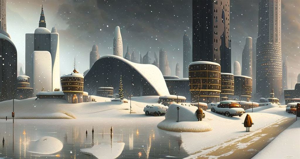 Snow-covered futuristic cityscape with high-rise buildings and person in coat.