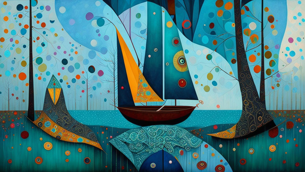 Stylized sailboats on patterned waves with colorful trees and blue sky