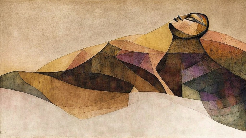 Abstract reclining figure painting with geometric mosaic pattern on textured beige background