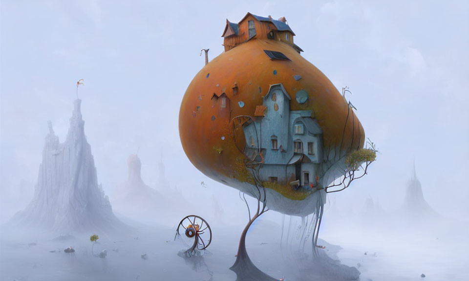 Spherical orange treehouse on slender trunk in misty landscape