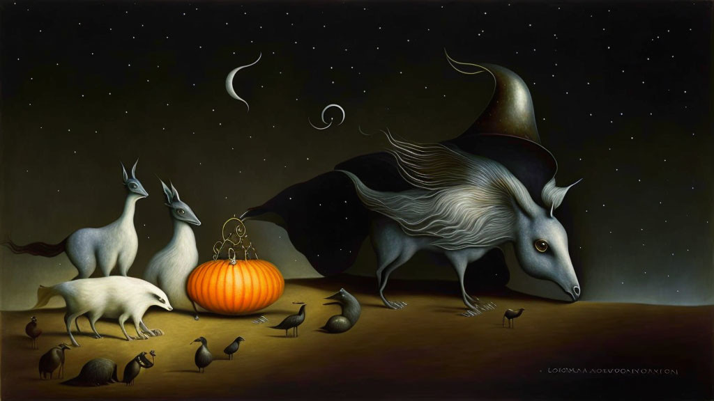 Surreal animal painting: bull, stars, creatures, birds, pumpkin under night sky